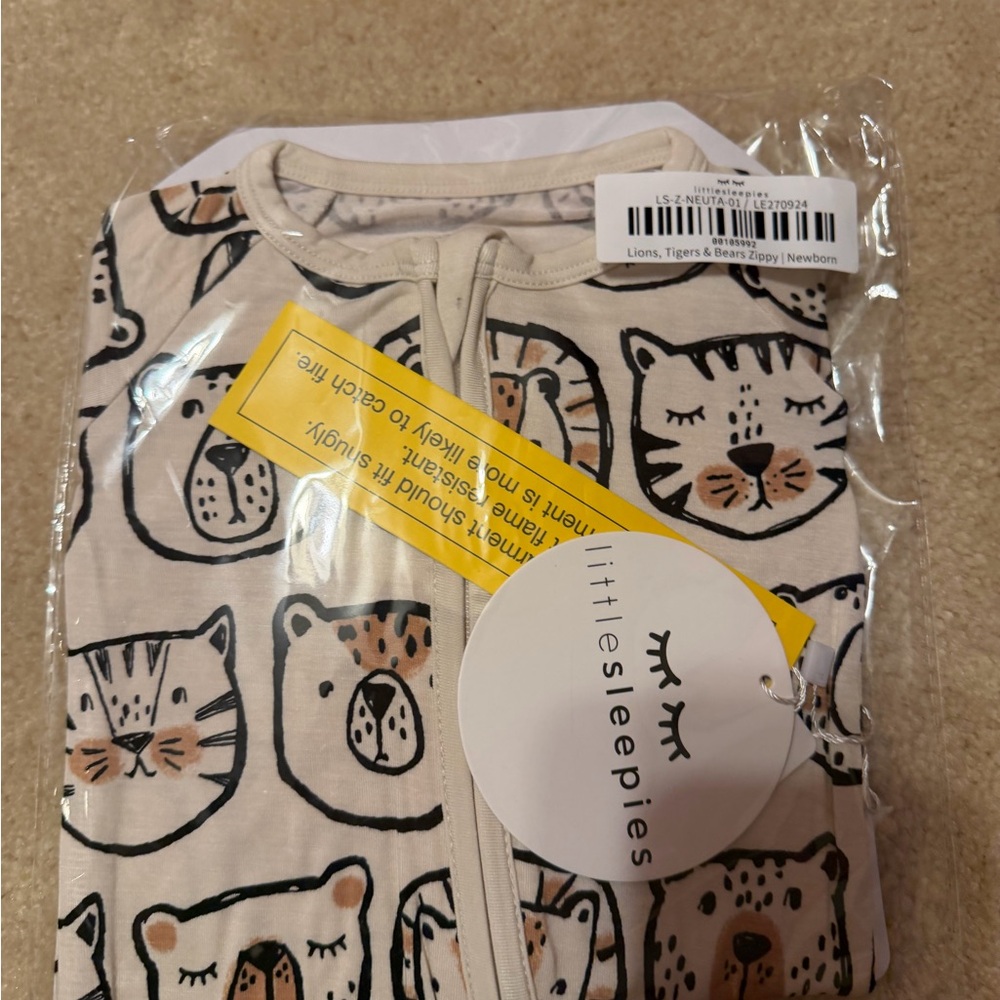 Little Sleepies Lions Tigers and Bears Print Zippy size newborn, new in bag